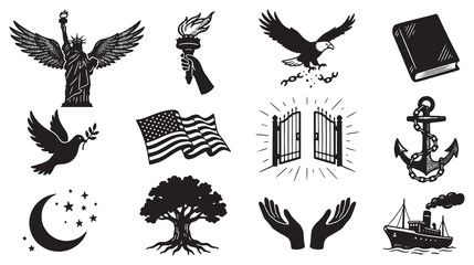 Collection of American symbols and iconic imagery, including the Statue of Liberty, American flag, and eagle. © Riki