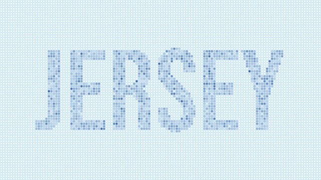 Jersey dotted map animation. Digital style shape of the country. Jersey shape and title dots appear with bulb flickering effect. Intro, outro, logo, title video.