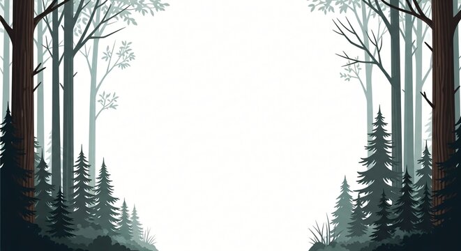 Forest illustration creating a natural frame with lush green trees and foliage forming a decorative border composition.