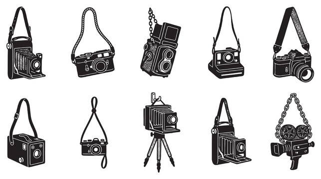 Collection of vintage and retro cameras, including film cameras and early video cameras, isolated on a white background.