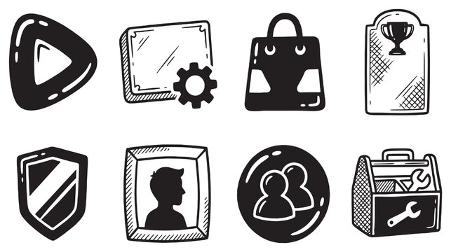 Collection of hand-drawn icons representing various concepts like media playback, settings, shopping, awards, security, profiles, teamwork, and tools.