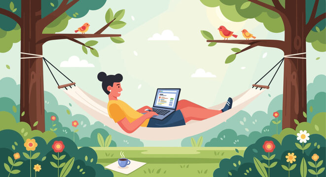 A person working remotely on a laptop while relaxing in a hammock suspended between two trees in a lush, green outdoor environment with birds.