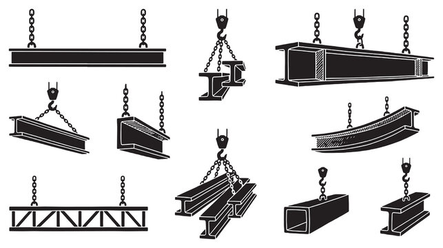 Collection of various steel beams and girders being lifted by cranes and chains, illustrating construction and industrial processes.