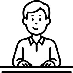 Obraz premium Hand Drawn Man Sitting at Desk Black and White Avatar Illustration in Minimal Line Art Style Design