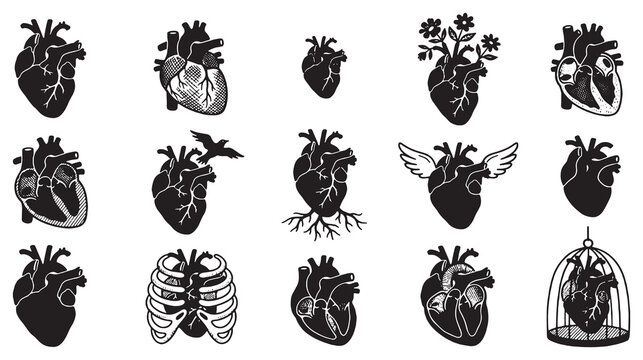 Collection of stylized anatomical heart illustrations with various symbolic elements.