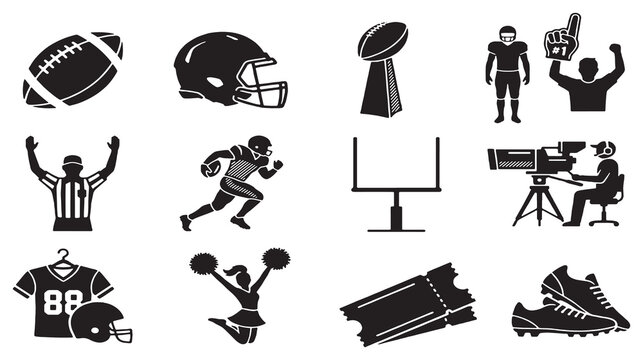 Collection of American Football Icons and Symbols Representing the Sport and Game Day Experience.