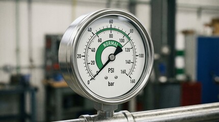 Air pressure and water meter gauge with metal dial indicator measuring pressure on industrial equipment and pipe system