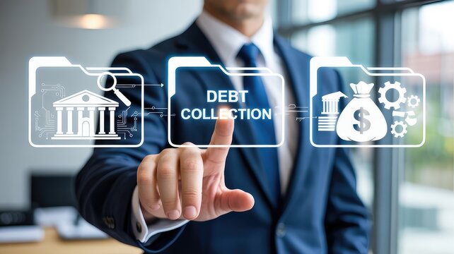 Professional man touching a digital screen displaying debt collection folders and financial management icons in a modern office en