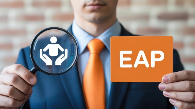 Professional man in suit and orange tie holds a magnifying glass showing employee support icon and an EAP card symbol