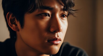 A young Asian man captured in a moment of profound contemplation, his gaze filled with introspection and a gentle sense of solemnity, evoking quiet reflection and emotional depth