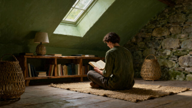 &nbsp;Cozy Reading Scene in Study Room, Realistic Oil Painting, AI Generated
