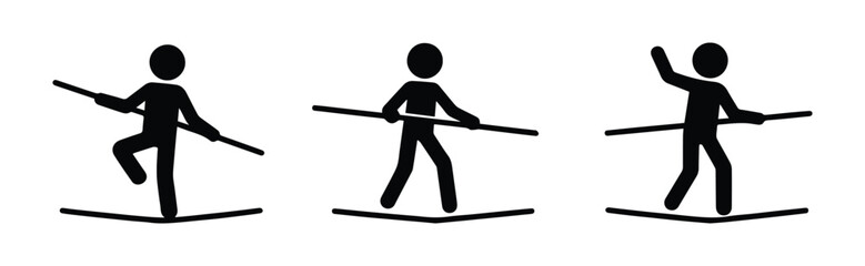 Stickman tightrope walkers set. Acrobats balancing on rope, circus performers on high wire. Vector silhouettes illustrating equilibrium, skill, courage and concentration. Simple line art style.