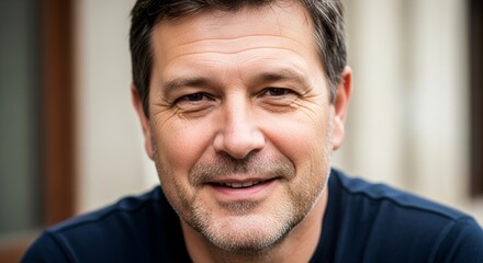 Fototapeta premium Close-up portrait of a middle-aged man with a warm smile, his face showing signs of age and experience