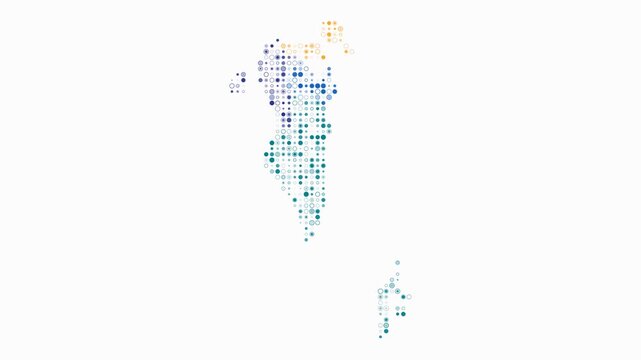 Bahrain map animation. Shape of the country with pulsating colored dots. Small size circle blocks. Digital style Bahrain map on white background. Amazing video.