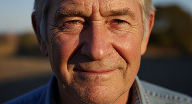 Authentic and heartwarming portrait of a mature man with a gentle smile, eyes reflecting seasoned wisdom and serene contentment in natural golden hour light