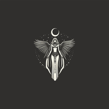 Mystical illustration of an Egyptian goddess with wings and crescent moon in vintage woodcut style.