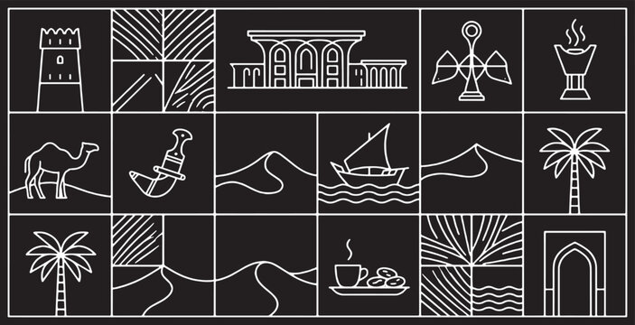 A collage of stylized line art icons representing various aspects of Middle Eastern culture and landmarks.