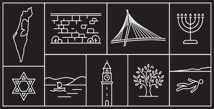 Collection of Israeli Landmarks and Symbols in a Minimalist Line Art Style.