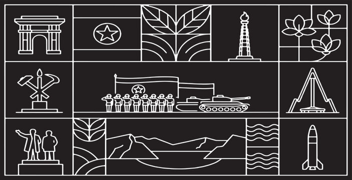 North Korea collage of iconic symbols and landmarks in a minimalist line art style on a black background.