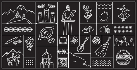 Collage of Georgian cultural symbols and landmarks in a line art style on a black background. © Riki