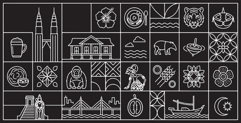 A collage of Malaysian cultural icons and landmarks in a minimalist line art style on a black background. © Riki