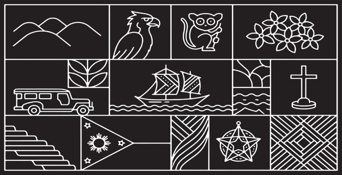 Collection of Philippine National Symbols and Landmarks in a Minimalist Line Art Style.