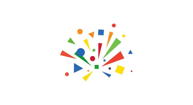 Vibrant multicolored geometric shapes exploding in a dynamic pattern on a white background