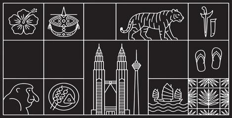 Collection of Malaysian cultural icons and landmarks presented in a minimalist line art style on a black background. © Riki