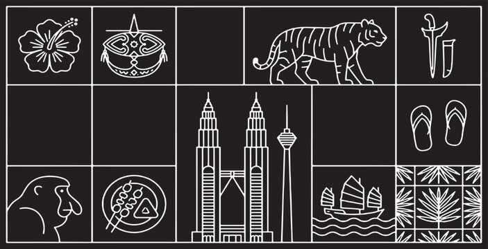 Collection of Malaysian cultural icons and landmarks presented in a minimalist line art style on a black background.