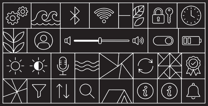 A collection of modern, minimalist line icons representing various digital functions and settings on a dark background.