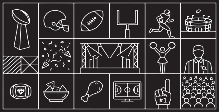 Collection of American Football Icons and Symbols on a Black Background.