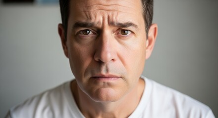 Obraz premium Close-up portrait of a thoughtful and concerned adult man with a furrowed brow, expressing worry, deep contemplation, or serious introspection in a detailed, focused shot