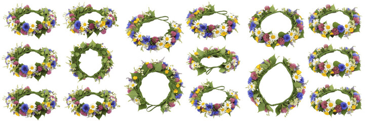 Set and collection of traditional midsummer flower wreaths and colorful meadow floral crowns isolated on white transparent png background © Homelander