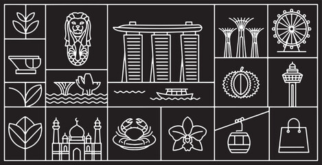 Singapore Landmarks and Icons Collection in a Minimalist Line Art Style on Black Background. © Riki