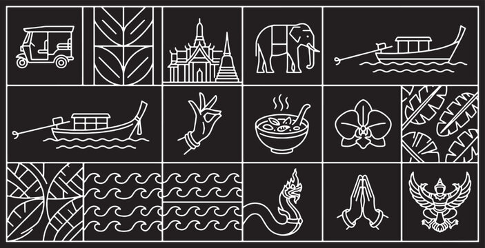 Collection of Thai cultural icons and symbols in a minimalist line art style on a black background.