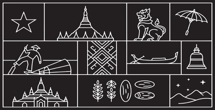 Collection of Myanmar cultural symbols and landmarks in a minimalist line art style on a black background.