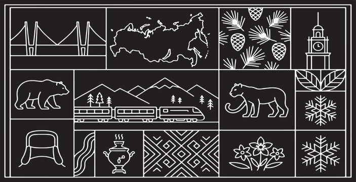 Collection of Russian Symbols and Landmarks in a Minimalist Line Art Style.