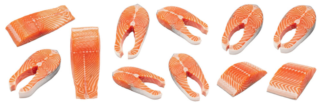 Set and collection of fresh raw salmon fish steaks and salmon fillets isolated on white transparent png background