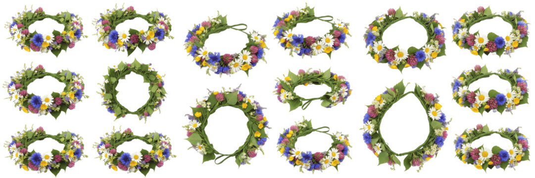 Set and collection of traditional midsummer flower wreaths and colorful meadow floral crowns isolated on white transparent png background