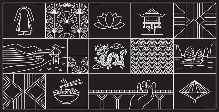 Collage of Vietnamese cultural symbols and landmarks in a minimalist line art style on a black background.