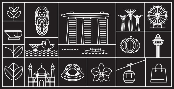 Singapore Landmarks and Icons Collection in a Minimalist Line Art Style on Black Background.