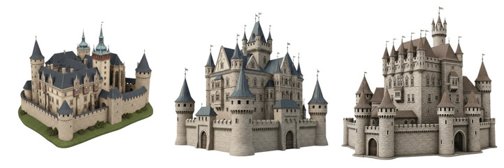 Set and collection of realistic medieval stone castle icons and fairytale fortress buildings with towers and gates isolated on white transparent png background © Homelander