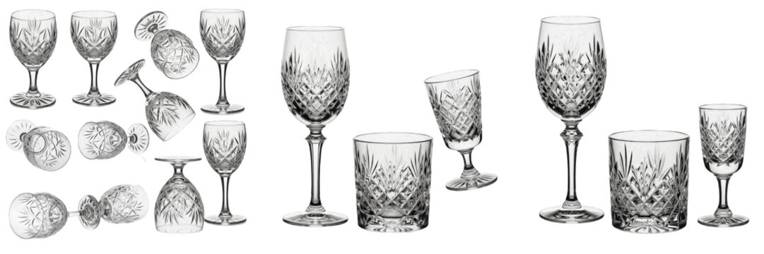 Set and collection of luxury crystal wine glasses and diamond pattern carved glassware isolated on white transparent png background