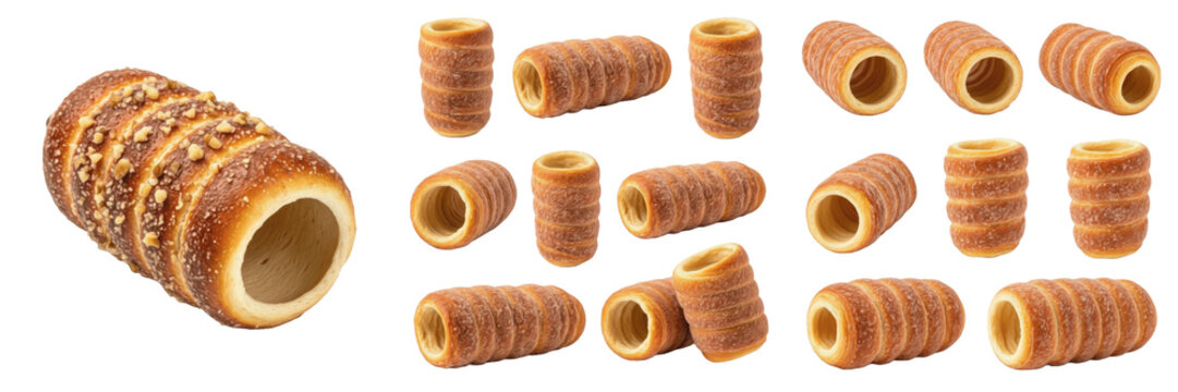 Set and collection of traditional chimney cake trdelnik with nuts and cinnamon sugar isolated on white transparent png background