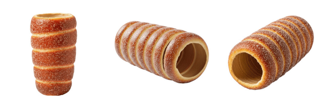 Set and collection of traditional chimney cake trdelnik spit cakes with cinnamon sugar isolated on white transparent png background