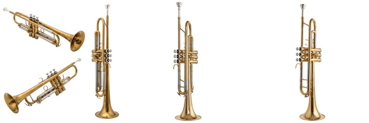 Set and collection of professional golden brass trumpet musical instruments in various angles isolated on white transparent png background © Homelander