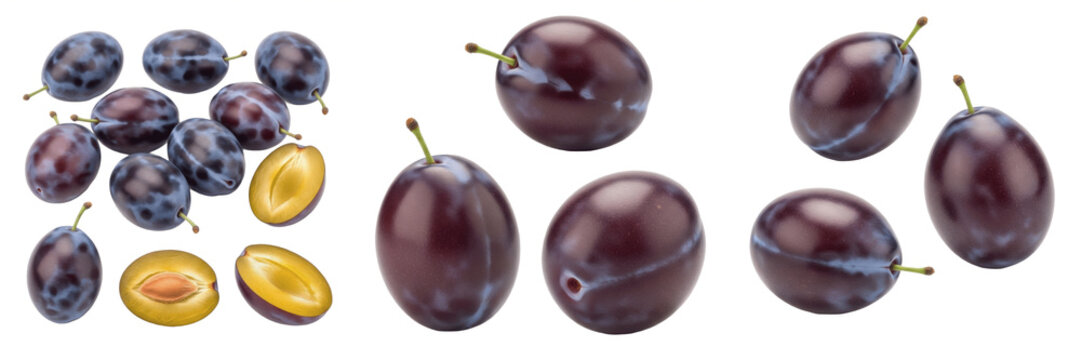 Set and collection of fresh ripe purple plums and sliced plum halves isolated on white transparent png background