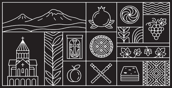Armenian cultural symbols and landmarks depicted in a minimalist line art style on a black background.