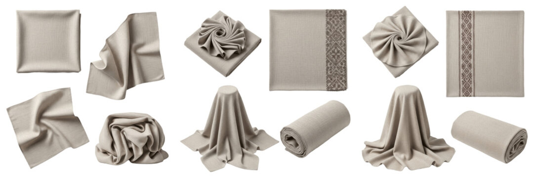 Set and collection of linen napkins, folded beige fabric towels with embroidery, textile tablecloths and rolled cloth wipes isolated on white transparent PNG background