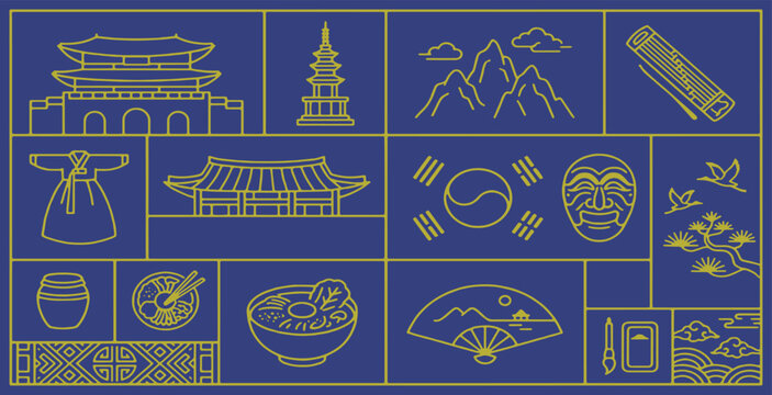 Collection of Korean cultural symbols and landmarks in a stylized line art illustration on a blue background.